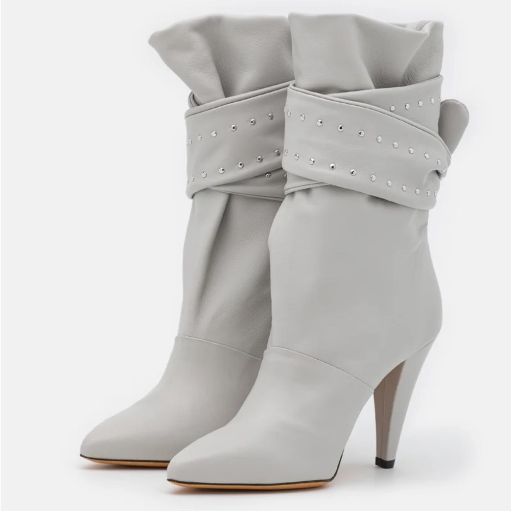 NIB IRO Paris Nori Ankle Studded Tie Boot in Pearl Grey Leather - FR 39 / US 8
